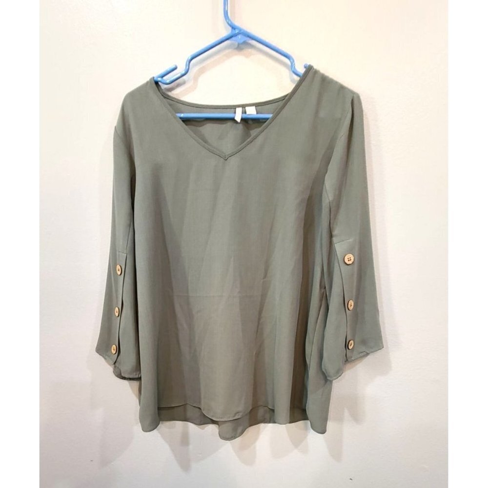 Est.1946 Blouse Women's Large L Dark Sage V Neck 3/4 Sleeve Boxy Oversized